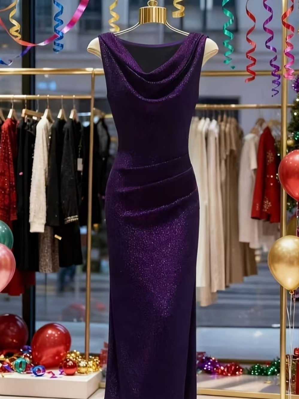 Elegant Purple Cowl Neck Evening Dress